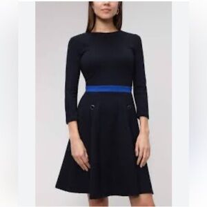 Hobbs of London Ponte Jersey Dress Navy with Bright Blue Stripe Waist Sz 12